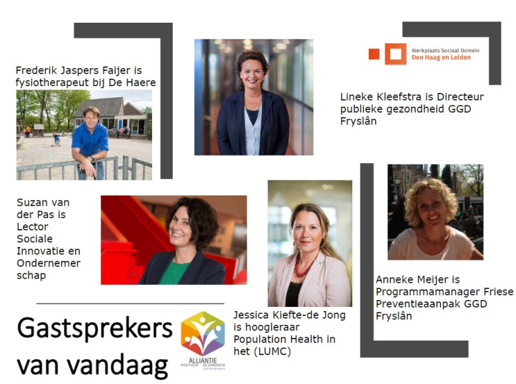 Op deze flyer staan kris-kras door elkaar de namen en foto's van de mensen die spreken op het Leeratelier Positieve Gezondheid.